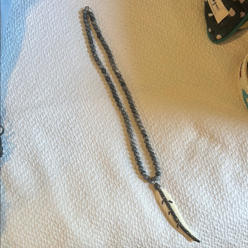 Gray Beaded Necklace with Feather Pendant